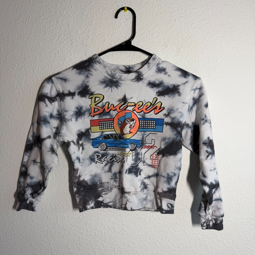 Buc-ees Sweatshirt Youth YS Beige Tie Dye‎ Racing Themed Graphic Print Crew Neck